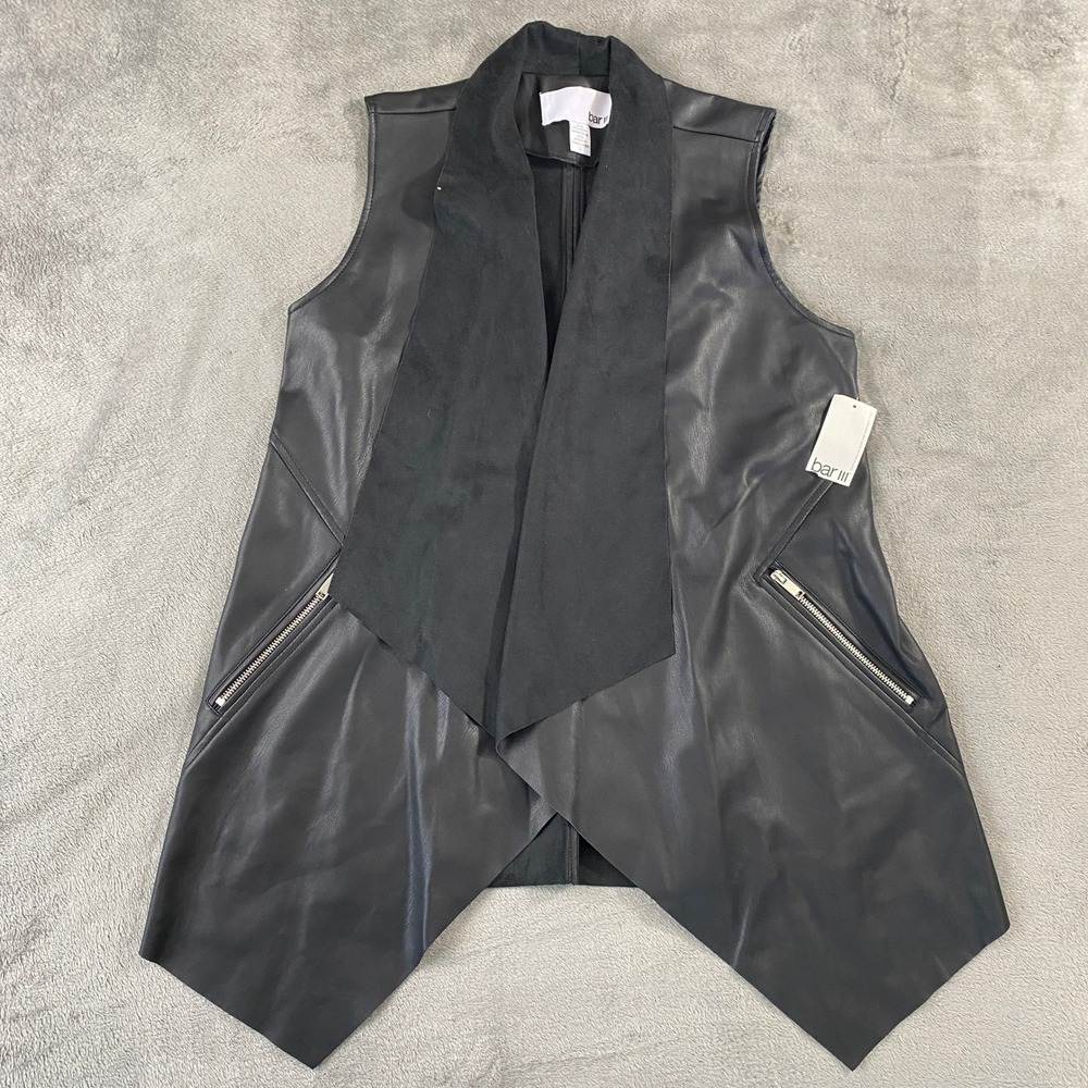 Bar III Vest Womens L Black Draped Faux Leather Asymmetrical Pocket Goth Biker